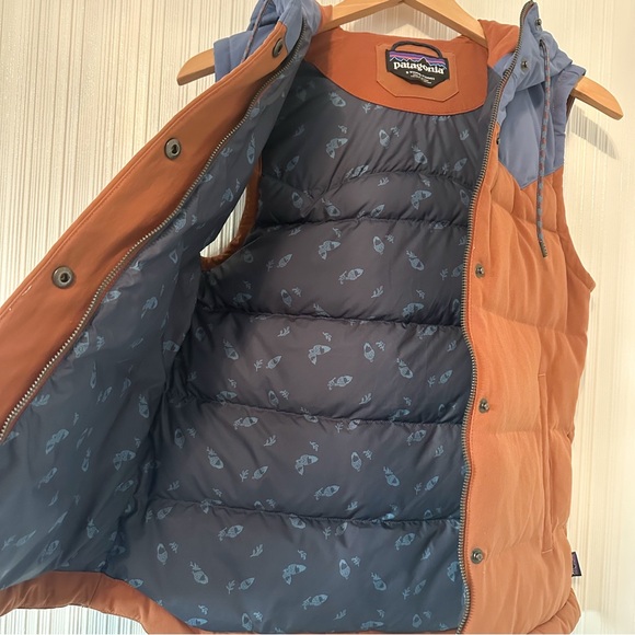 Patagonia Bivy Hooded Puffer Vest/Brown & Blue/ Snap and Zip Front/600 fill Down - Picture 6 of 7
